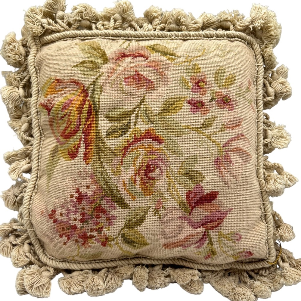Set 2 Vintage Aubusson Katha Diddel NY Flower Tassel Fringe Needlepoint Pillow